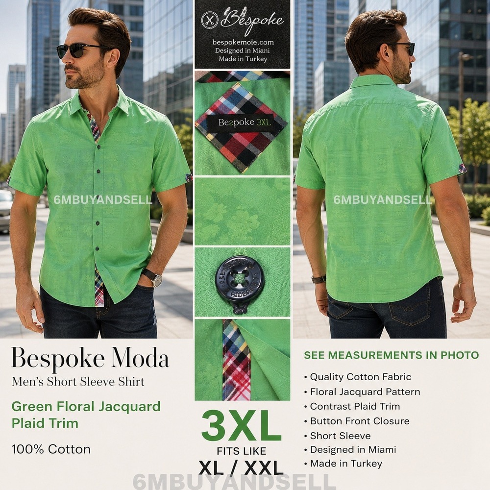 Bespoke Moda Mens XXL Green Floral Jacquard Plaid Trim Cotton Short Sleeve Shirt